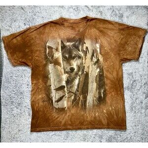 The Mountain Wolf Graphic Tie Dye Mens 2XL XXL Outdoor‎ Streetwear Tee Brown Tan